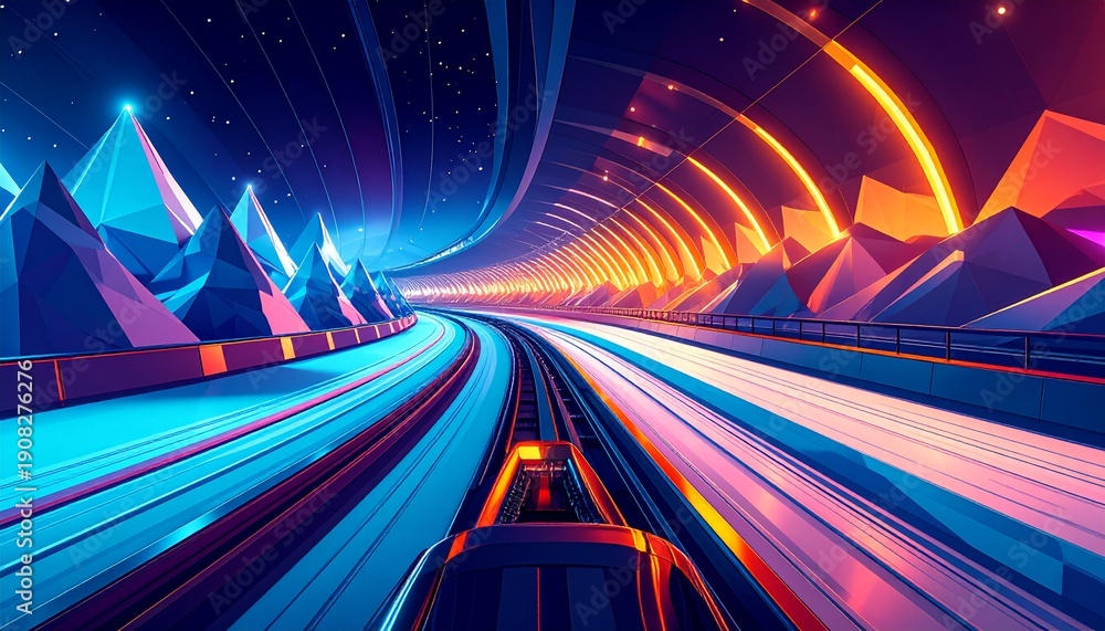 Fototapeta premium Futuristic high speed train perspective traveling through a vibrant abstract synthwave tunnel flanked by geometric crystal mountains illuminated by neon blue and fiery orange lights digital
