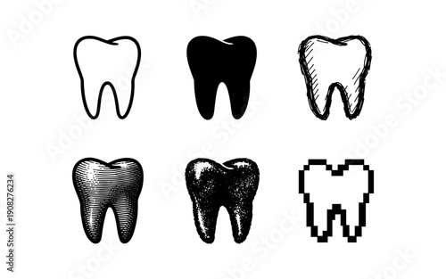 Collection of diverse tooth icons representing different styles and artistic interpretations