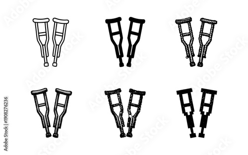 Collection of six different crutches icons in various styles and textures