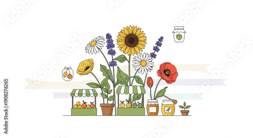 Summer Garden Harvest: Flowers, Jams, and Fresh Produce Illustration