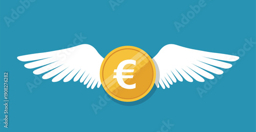 Golden euro coin with white wings flying against a teal blue background currency money