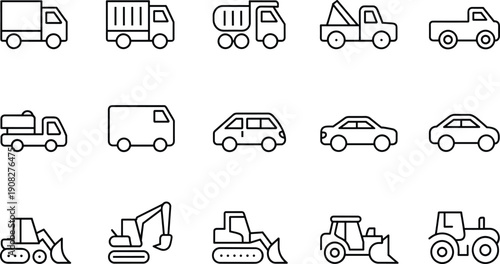 Linear vector icon set for transportation and heavy machinery featuring delivery trucks dump trucks pickup cars excavators bulldozers tractors and industrial vehicle symbols
