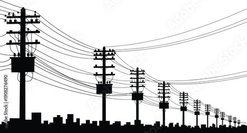 Electric Power Lines and Poles Against City Skyline Silhouette vector illustration