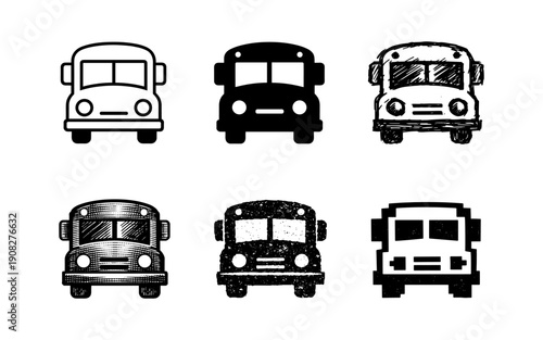 Collection of six different school bus icons in various styles and textures