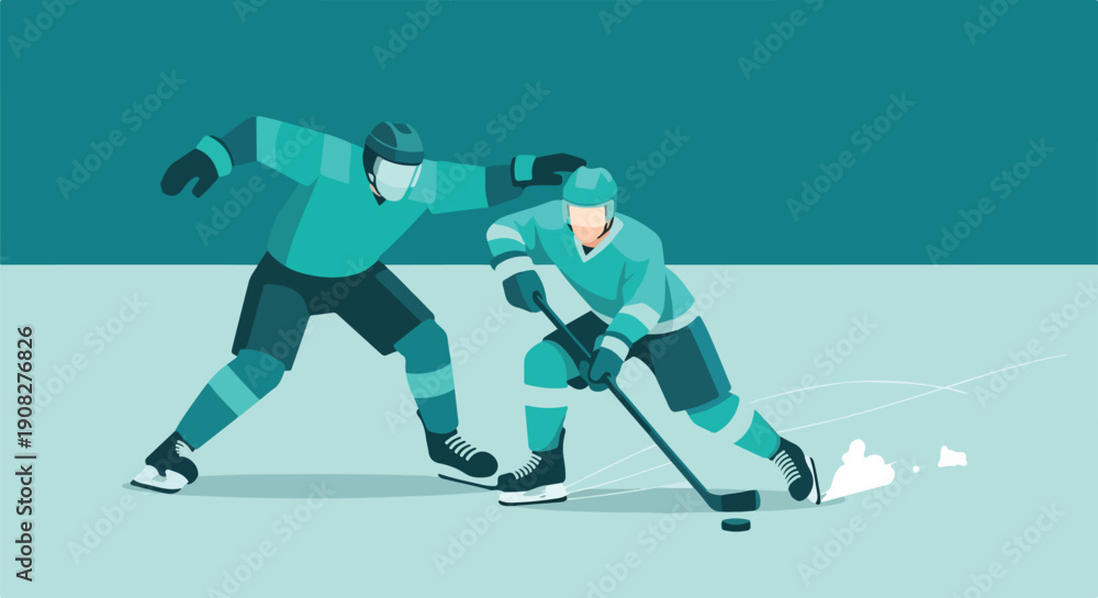 Fototapeta premium Two hockey players battling for the puck during a fast-paced ice hockey game, dynamic action illustration.