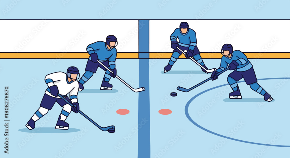 Obraz premium Ice hockey players in action on the rink, playing a competitive match with sticks and puck, illustrating teamwork and sport.