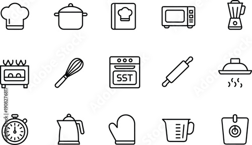 Linear vector icon set for kitchenware and culinary equipment featuring chef hats cooking pots ovens microwaves blenders whisks rolling pins and baking tool symbols