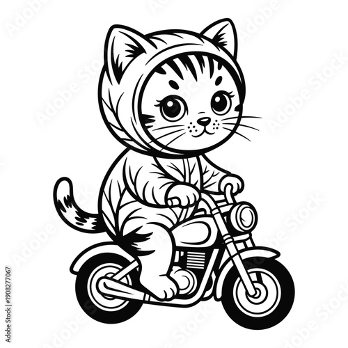 Cute cartoon kitten wearing a hood is riding a motorcycle in a stylized line art drawing