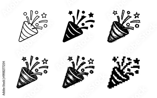 Collection of six different styles of party poppers exploding with confetti and stars