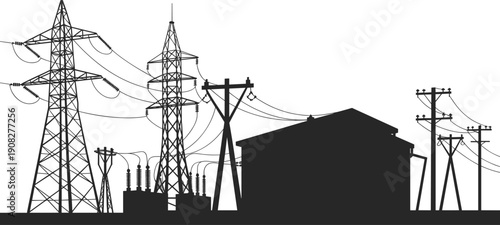 Electrical substation with power lines and a building silhouette on white background Keywords: electricity, power, substation