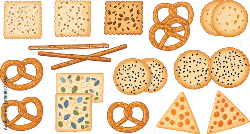 Assorted Savory Snack Vector Collection Featuring Pretzels, Seeded Crackers, Breadsticks, and Cheese Crisps for Food Packaging, Healthy Eating, and Appetizer Menu Designs