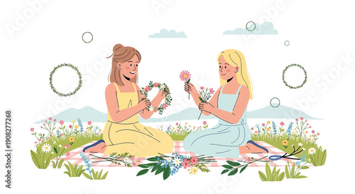 Two girls making flower wreaths in a meadow, summer outdoor activity