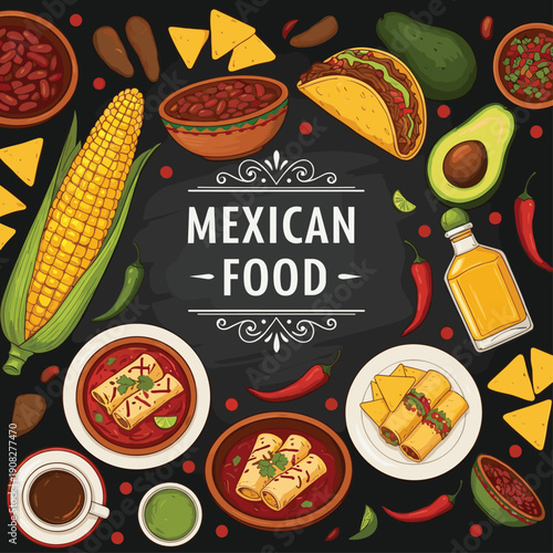 Mexican food poster with tacos nachos avocado corn chili and traditional dishes
