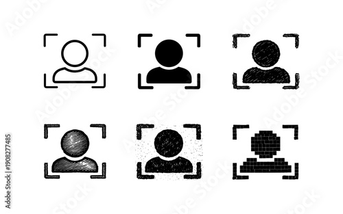 Collection of diverse human face recognition icons in different styles and textures