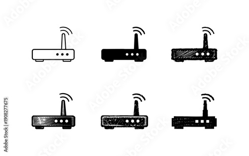 Collection of router icons in different styles, representing wireless internet connectivity