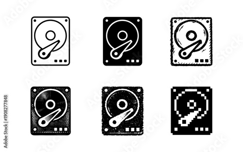 Collection of six hard drive icons in various artistic styles and textures