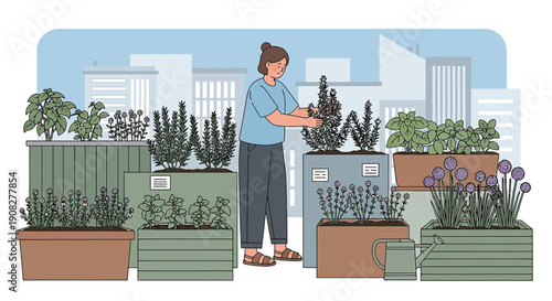 Urban Rooftop Garden: Woman Tending Plants with City Skyline Background