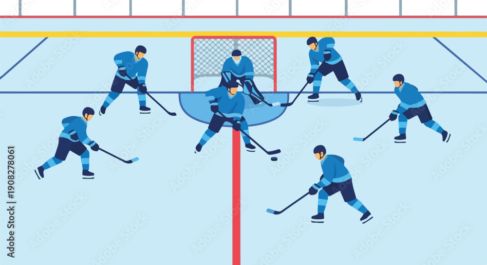 Fototapeta premium Dynamic ice hockey game illustration featuring multiple players on the rink, a goalie defending the net, and action-packed sports competition on a frozen surface.