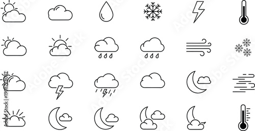 A collection of minimalist line art weather icons representing various atmospheric conditions