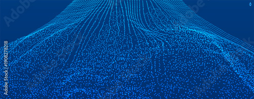 Array with dynamic emitted particles. Water splash imitation. Abstract background. Cover design template. Big data. 3D illustration for brochure, poster, presentation, flyer or banner.