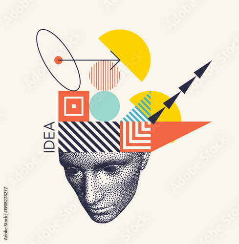 Concept of generating thoughts and ideas. Time to think. Discovery, studying and learning concept. Geometrical art. Vector for presentation, cover, placard, banner, poster, brochure.