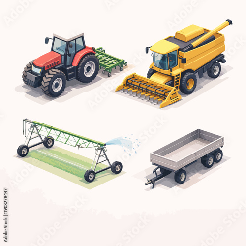 Isometric Vector Collection of Modern Agricultural Machinery and Equipment for Farming and Crop Production, Featuring Tractor, Combine Harvester, Irrigation System, and Farm Trailer Isolated on White