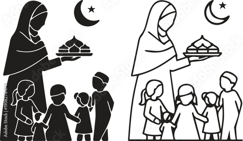 Woman Serving Food to Children under Crescent Moon 