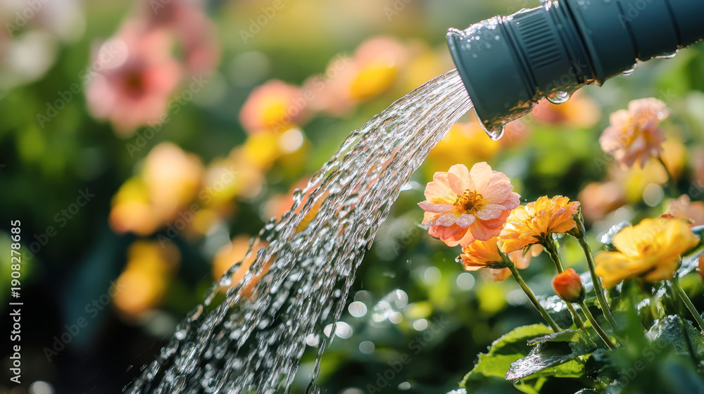 custom made wallpaper toronto digitalClose-up of watering can in hands watering zinnia flowers in summer garden