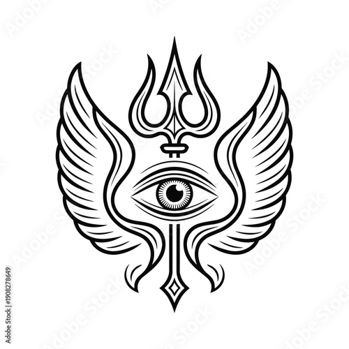 Mystical symbol featuring an allseeing eye surrounded by wings and a trident weapon design