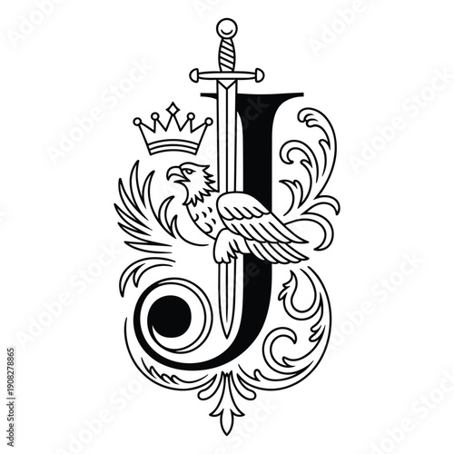 Ornate decorative capital letter J monogram with eagle sword and crown emblem