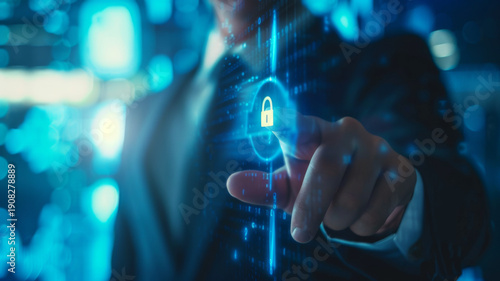 Wallpaper Mural Businessman use forefinger touching security button on virtual screens, internet technology Torontodigital.ca