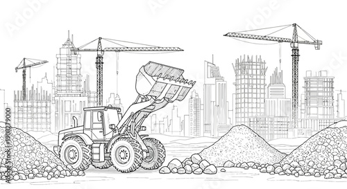 Construction Site Sketch Wheel Loader and City Building Outline