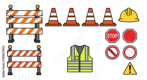 Construction and Road Work Safety Equipment Icon Set
