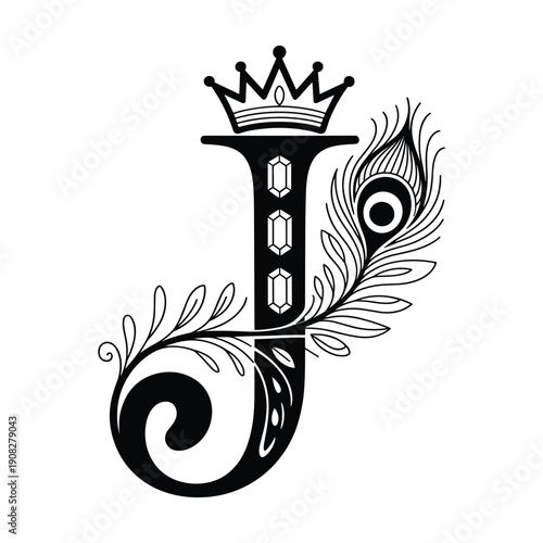 Ornate decorative letter J with crown and peacock feather embellishments isolated on transparent background