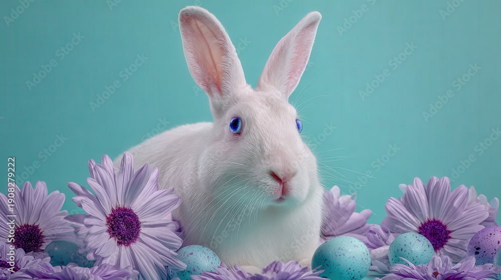 Fototapeta premium White rabbit sits among purple flowers and pastel colored eggs against a solid background