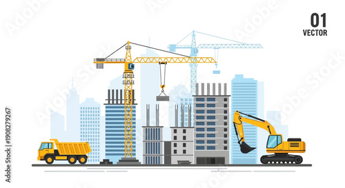 Construction Site Vector Illustration City Skyline Background