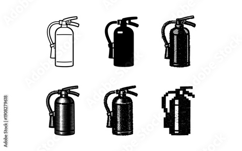 Collection of six different fire extinguisher icons in various artistic styles