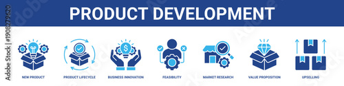 Product Development web banner icon set collection solid style.