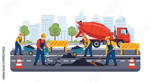 Road Maintenance Workers Using Jackhammer and Cement Truck