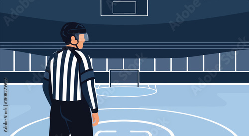 Ice hockey referee in uniform standing on the arena court, ready for the game, winter sports concept