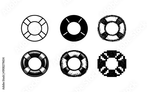 Collection of six different life preserver icons in various artistic styles and textures