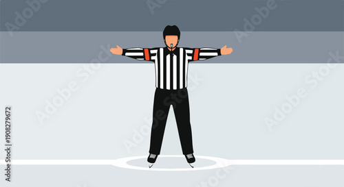 Ice Hockey Referee Signaling Penalty with Arms Outstretched on the Ice