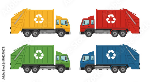 Recycling Garbage Trucks Set Four Isolated Vector Illustrations