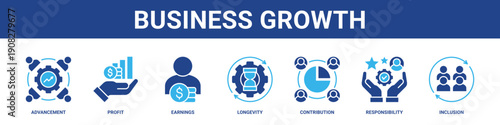 Business Growth web banner icon set collection solid style.