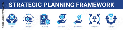 Strategic Planning Framework web banner icon set collection solid style.