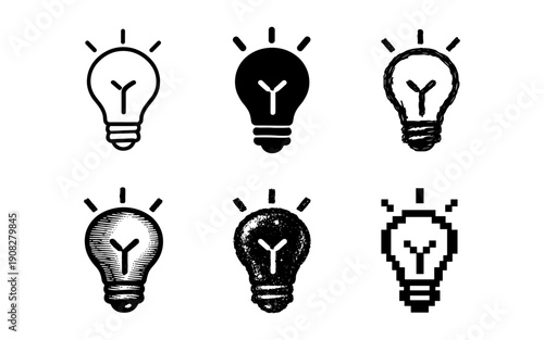 Collection of six different light bulb icons representing ideas and creativity