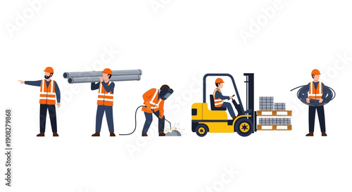 Industrial Workers Construction Team Tasks Illustration Set