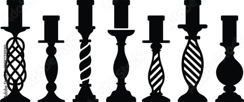 Candle holder silhouette set, decorative candlestick collection in vintage style, black vector icon illustration for home decor isolated on white background