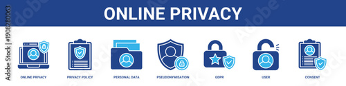 Online Privacy web banner icon set collection solid style.