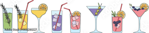 Colorful Summer Cocktail and Mocktail Vector Set Featuring Martini, Margarita, and Long Drinks with Fruit Garnishes for Bar Menus, Parties, and Tropical Designs